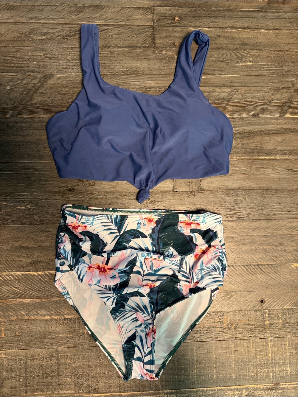 Shein | High-Waist Floral Swim Set - Blue Top & Tropical Print Bottom